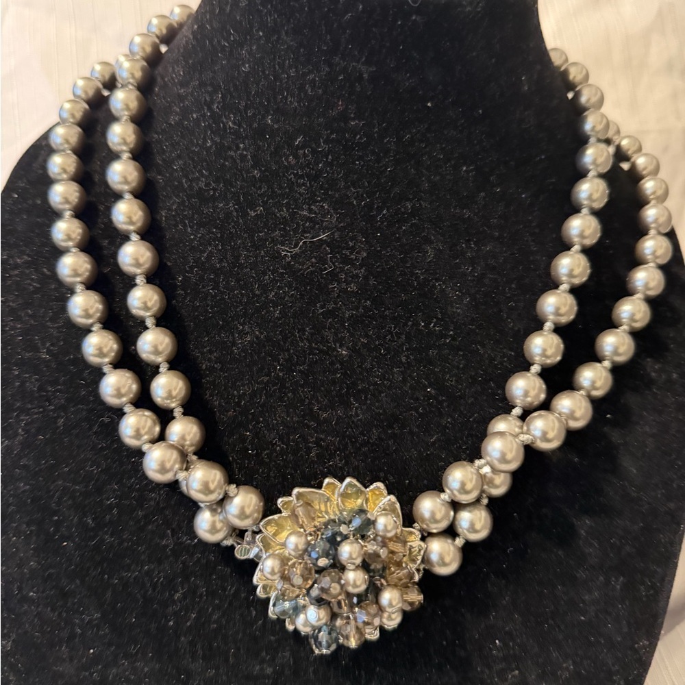 Double Strand Gray Pearl Statement Necklace w/ Crystal Cluster Floral Clasp